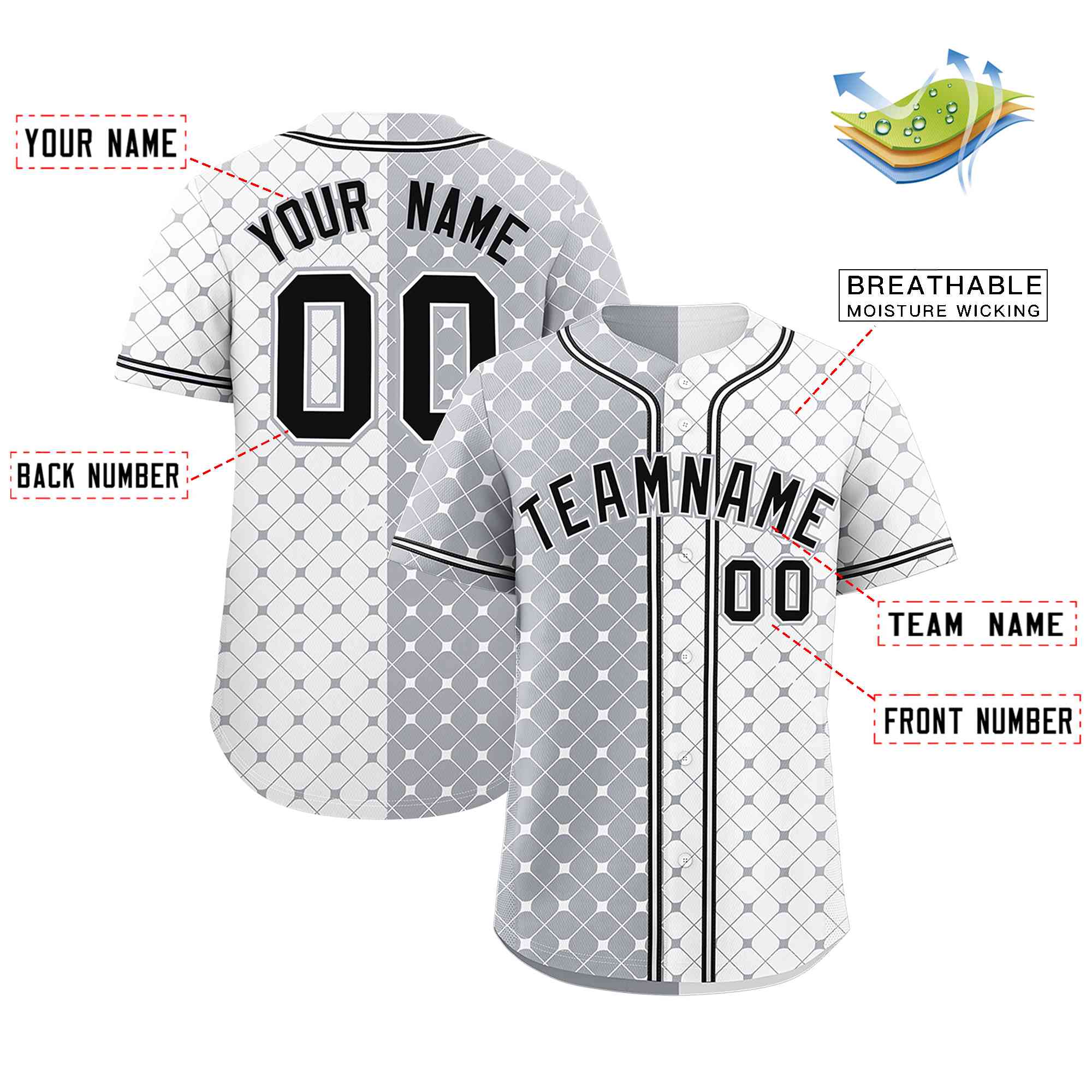 Custom Gray White Split Fashion Plaid Design Authentic Baseball Jersey