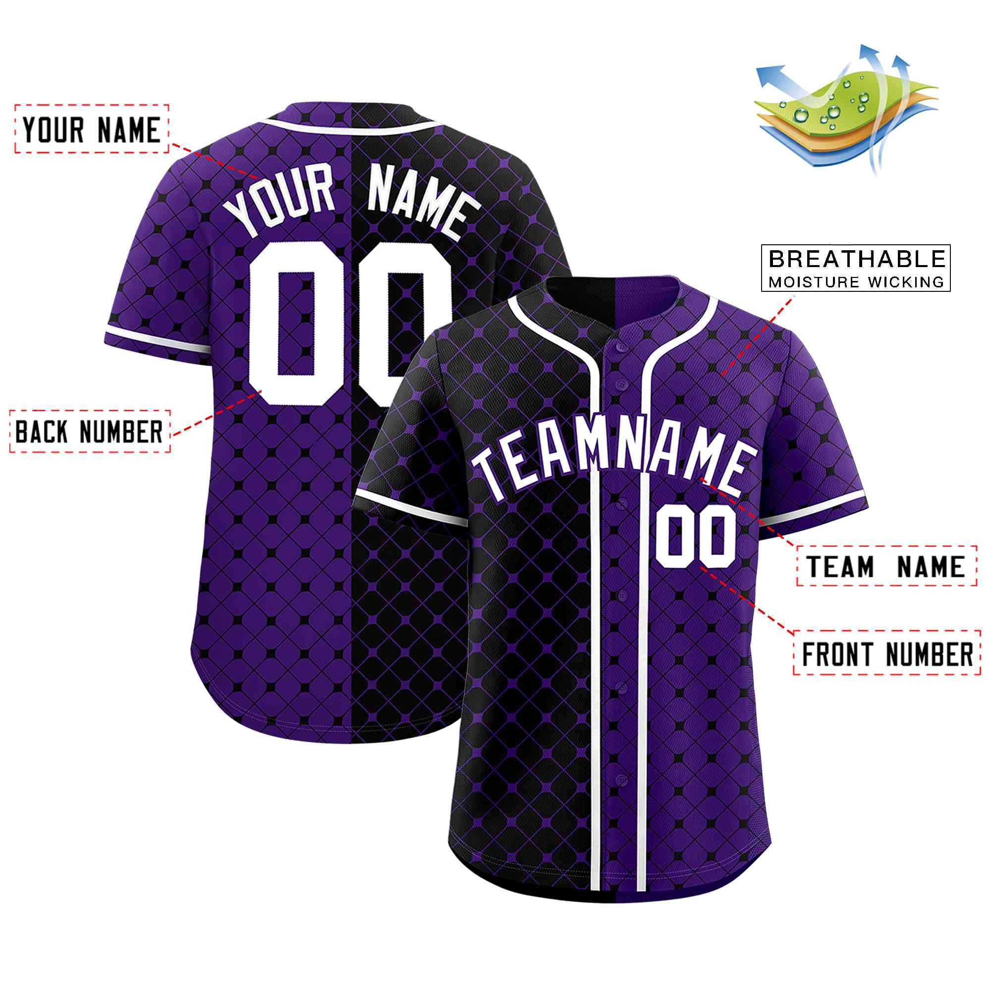 Custom Black Purple Split Fashion Plaid Design Authentic Baseball Jersey