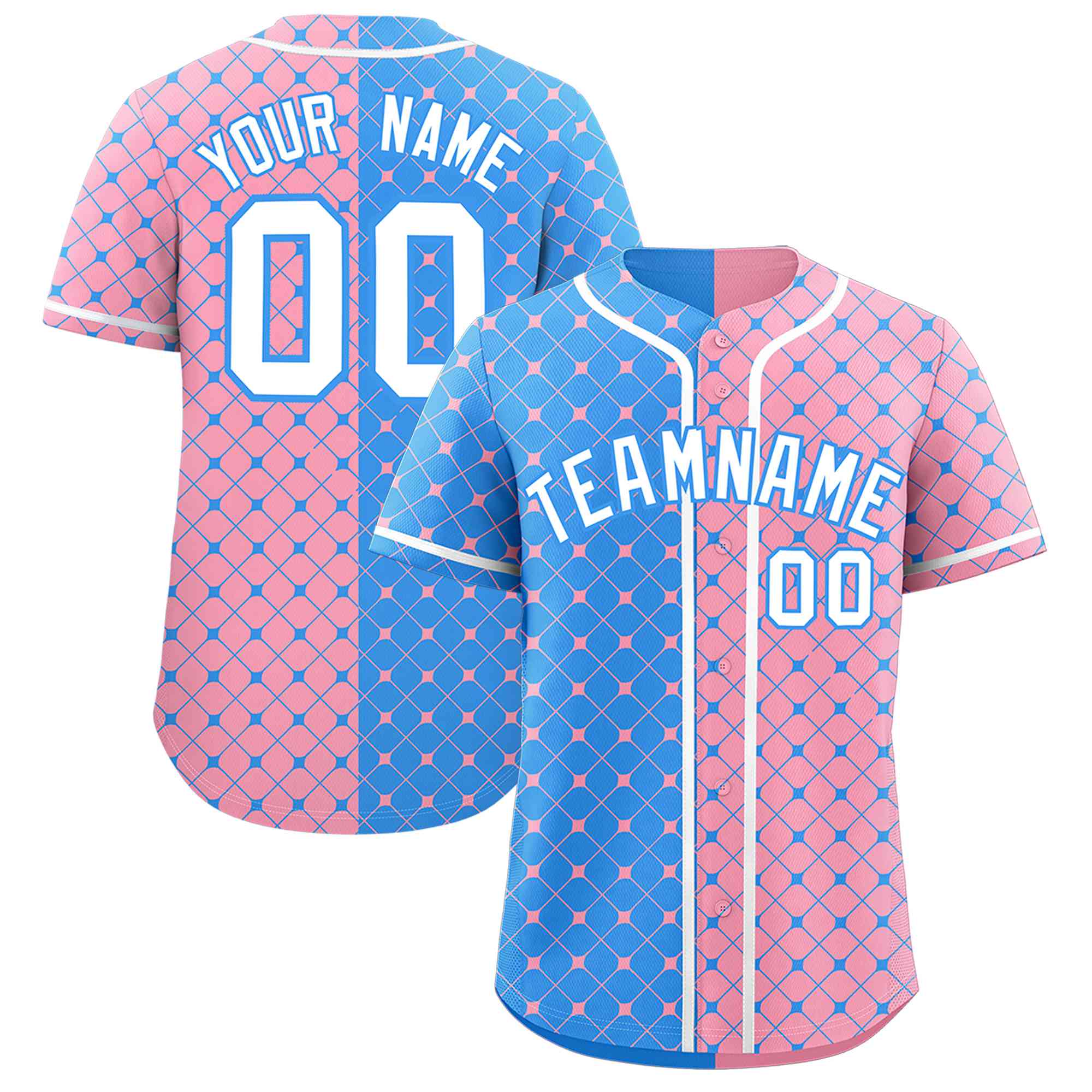 Custom Powder Blue Light Pink Split Fashion Plaid Design Authentic Baseball Jersey