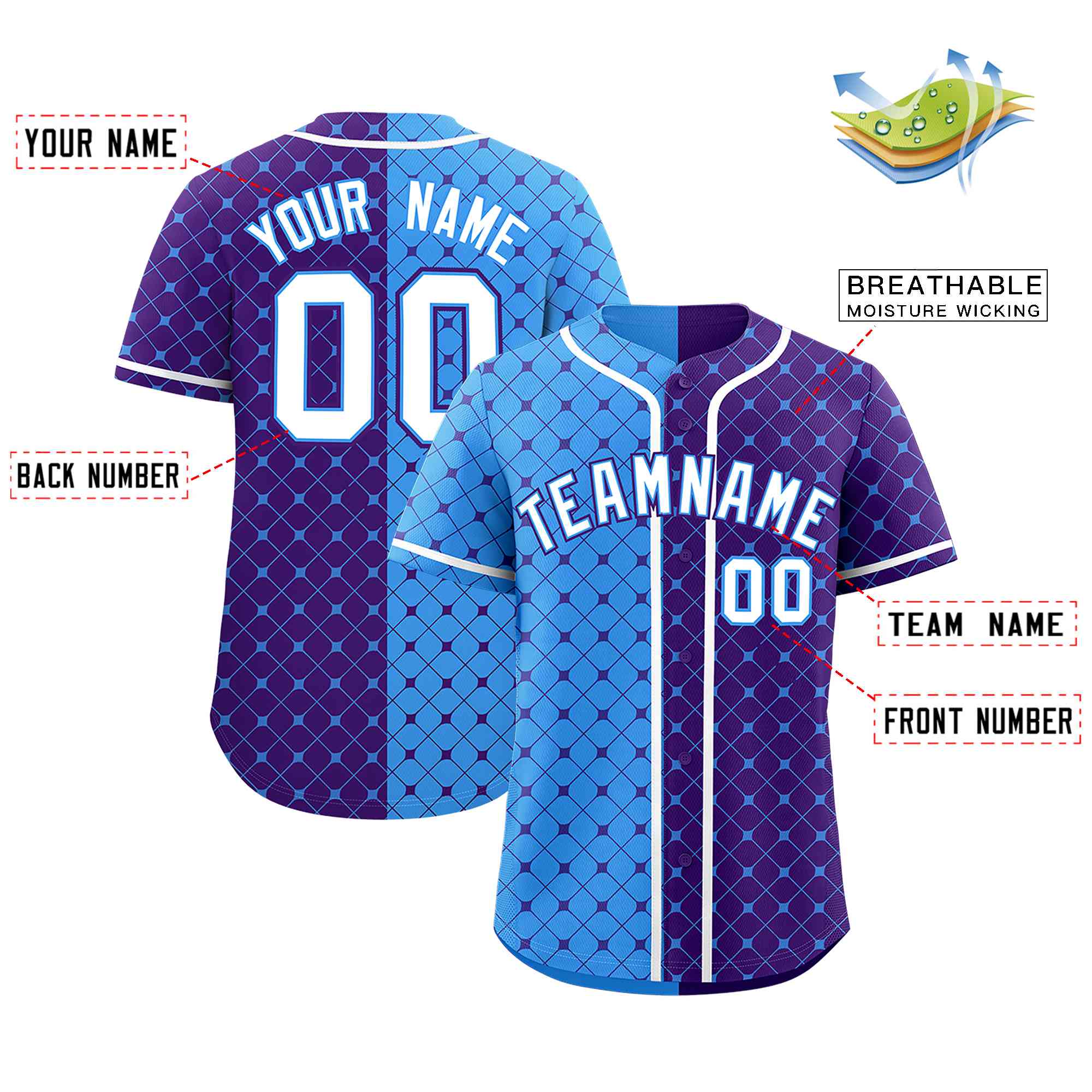 Custom Powder Blue Purple Split Fashion Plaid Design Authentic Baseball Jersey