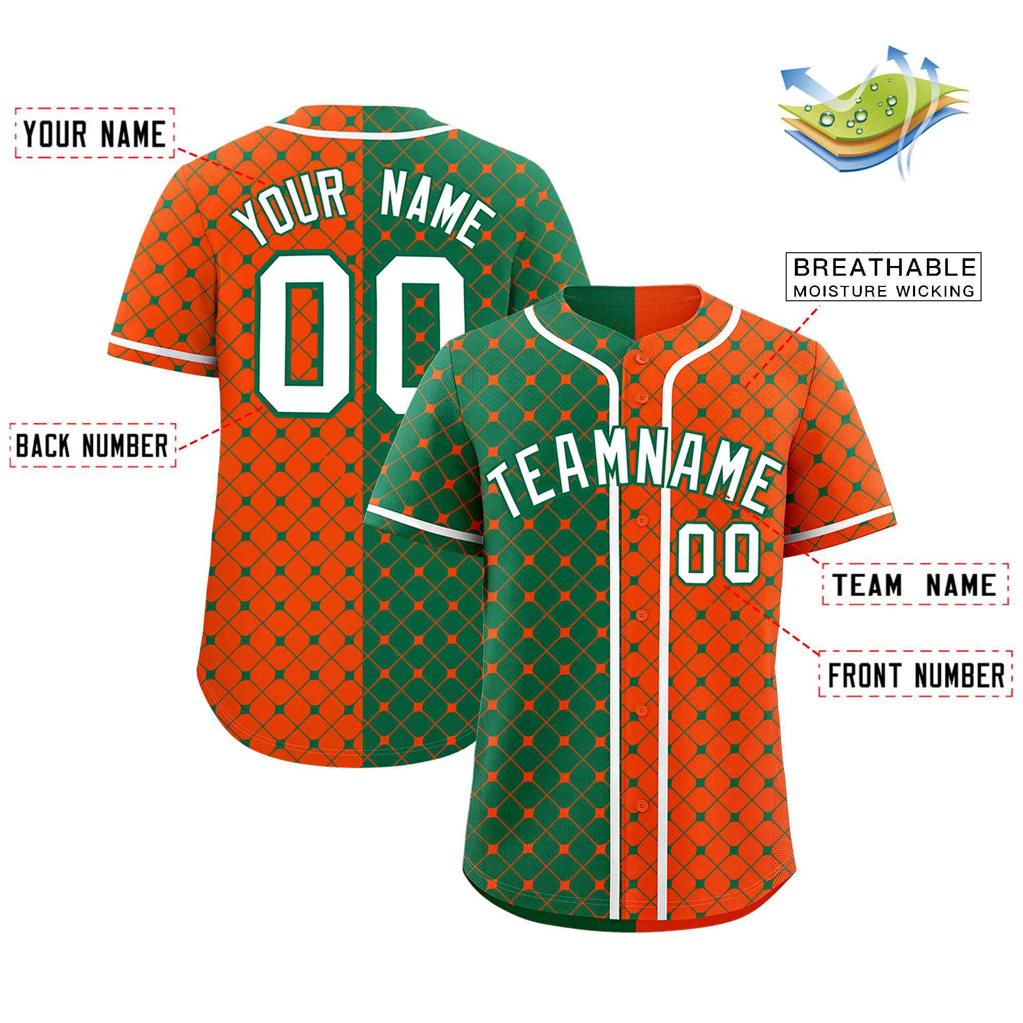 Custom Kelly Green Orange Split Fashion Plaid Design Authentic Baseball Jersey