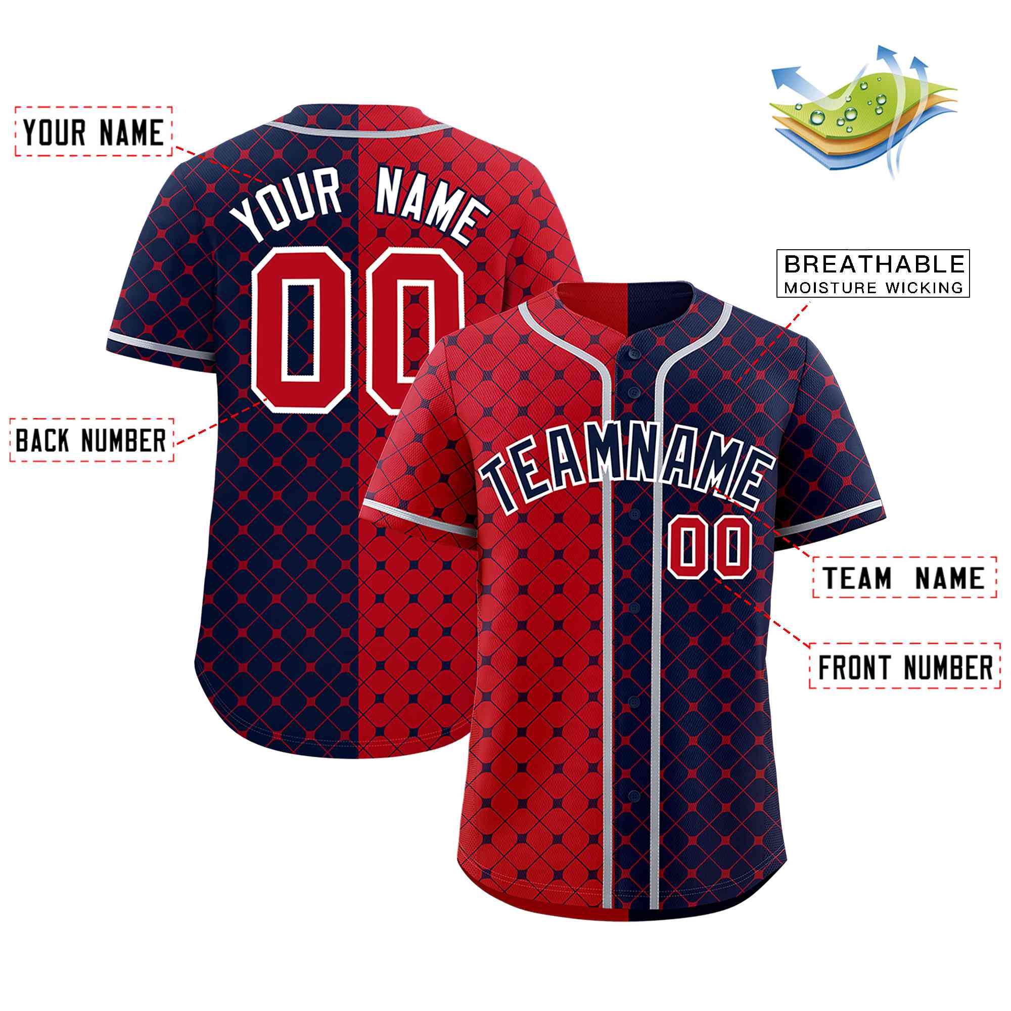 Custom Red Navy Split Fashion Plaid Design Authentic Baseball Jersey