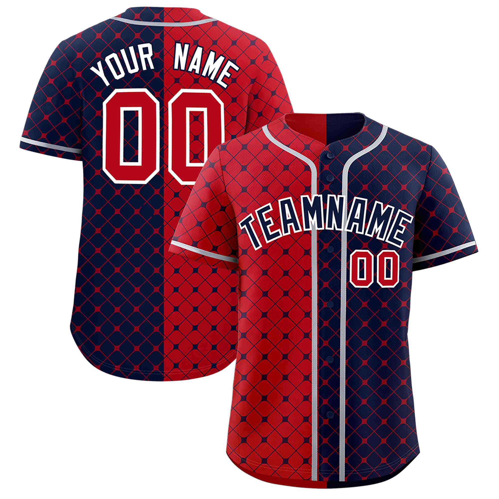 Custom Red Navy Split Fashion Plaid Design Authentic Baseball Jersey