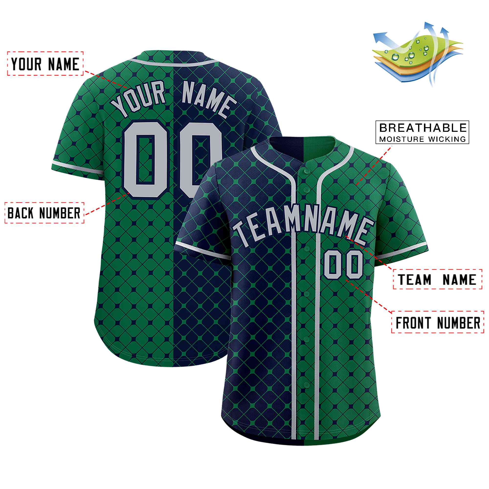 Custom Navy Kelly Green Split Fashion Plaid Design Authentic Baseball Jersey