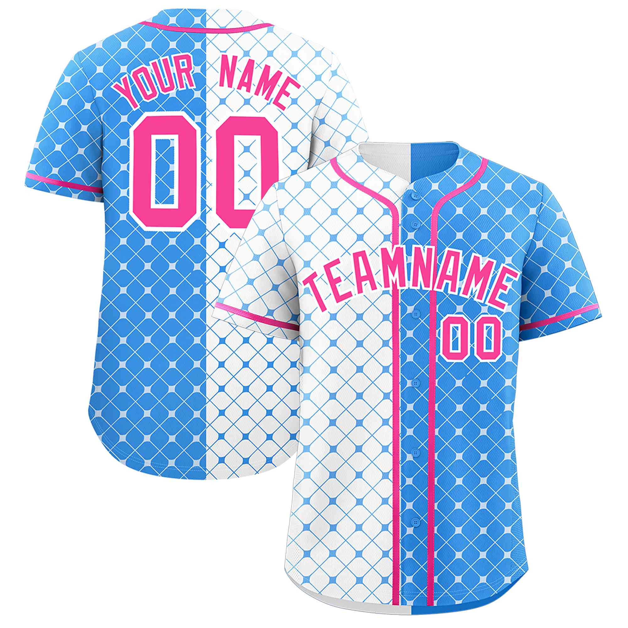 Custom White Powder Blue Split Fashion Plaid Design Authentic Baseball Jersey