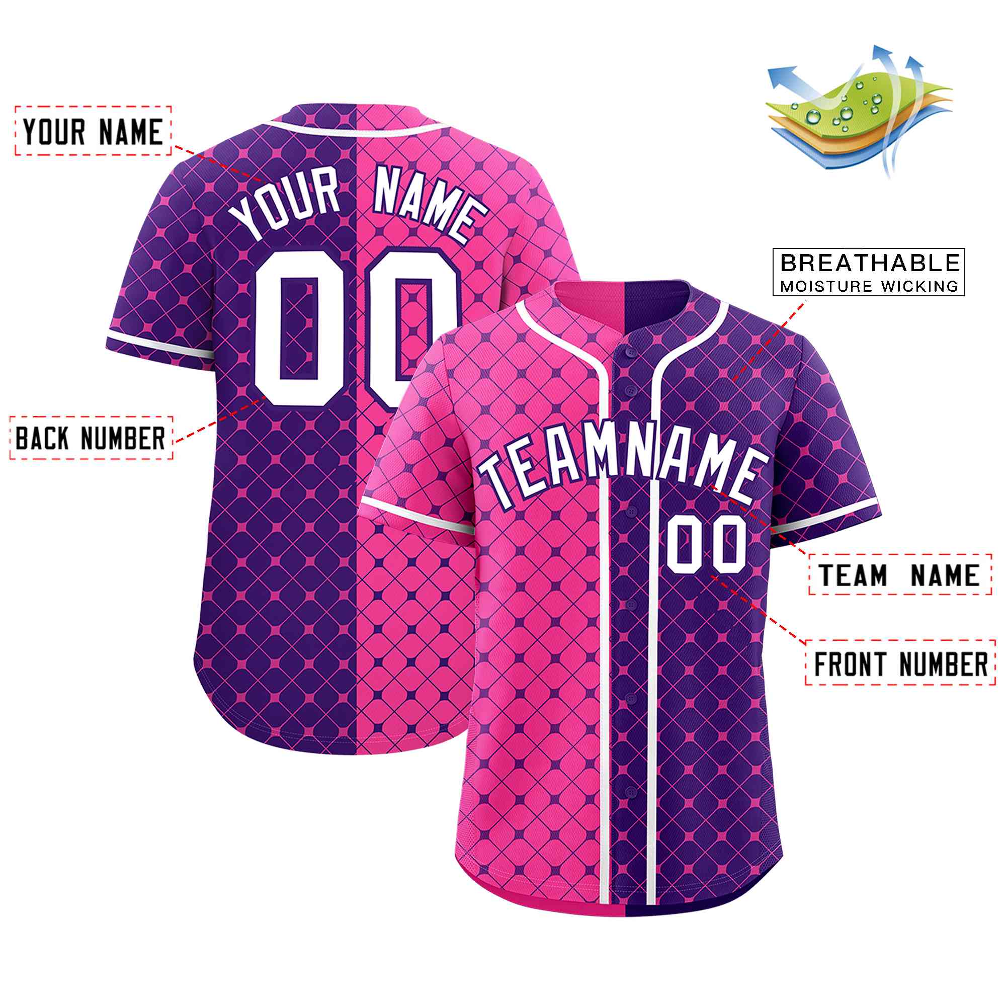 Custom Pink Purple Split Fashion Plaid Design Authentic Baseball Jersey