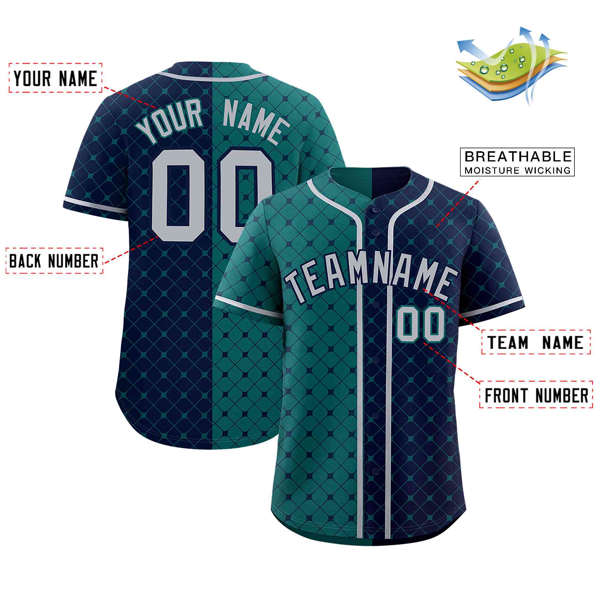 Custom Aqua Navy Split Fashion Plaid Design Authentic Baseball Jersey