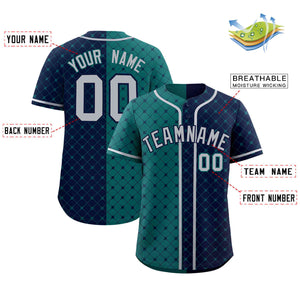 Custom Aqua Navy Split Fashion Plaid Design Authentic Baseball Jersey