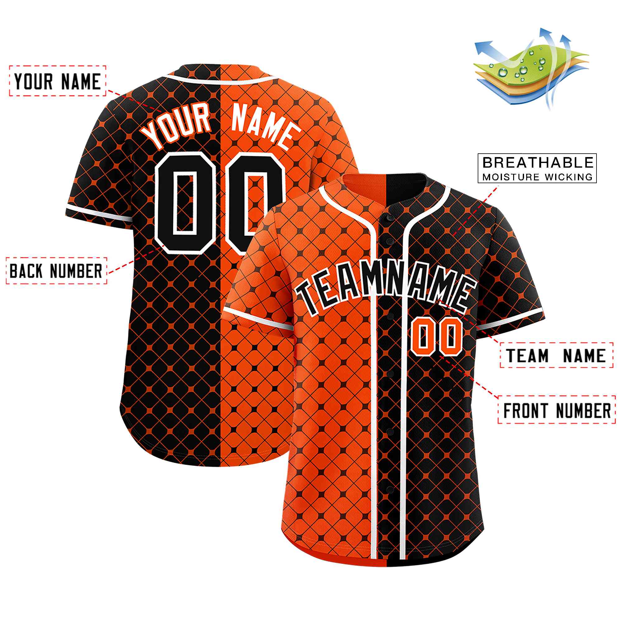 Custom Orange Black Split Fashion Plaid Design Authentic Baseball Jersey