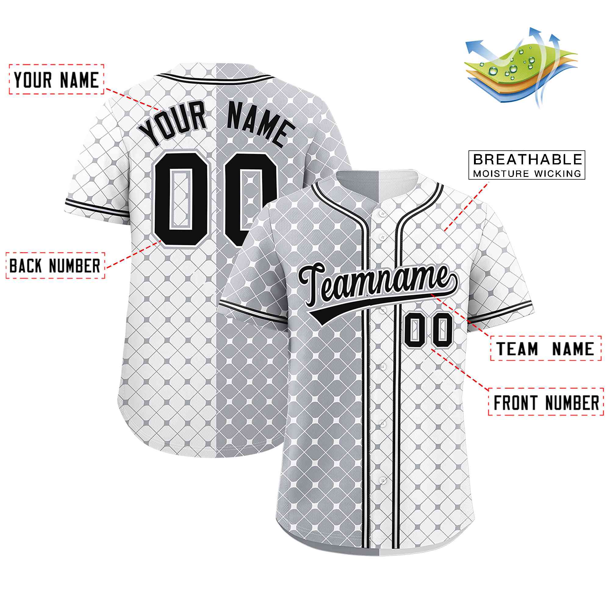 Custom Gray White Split Fashion Plaid Design Authentic Baseball Jersey