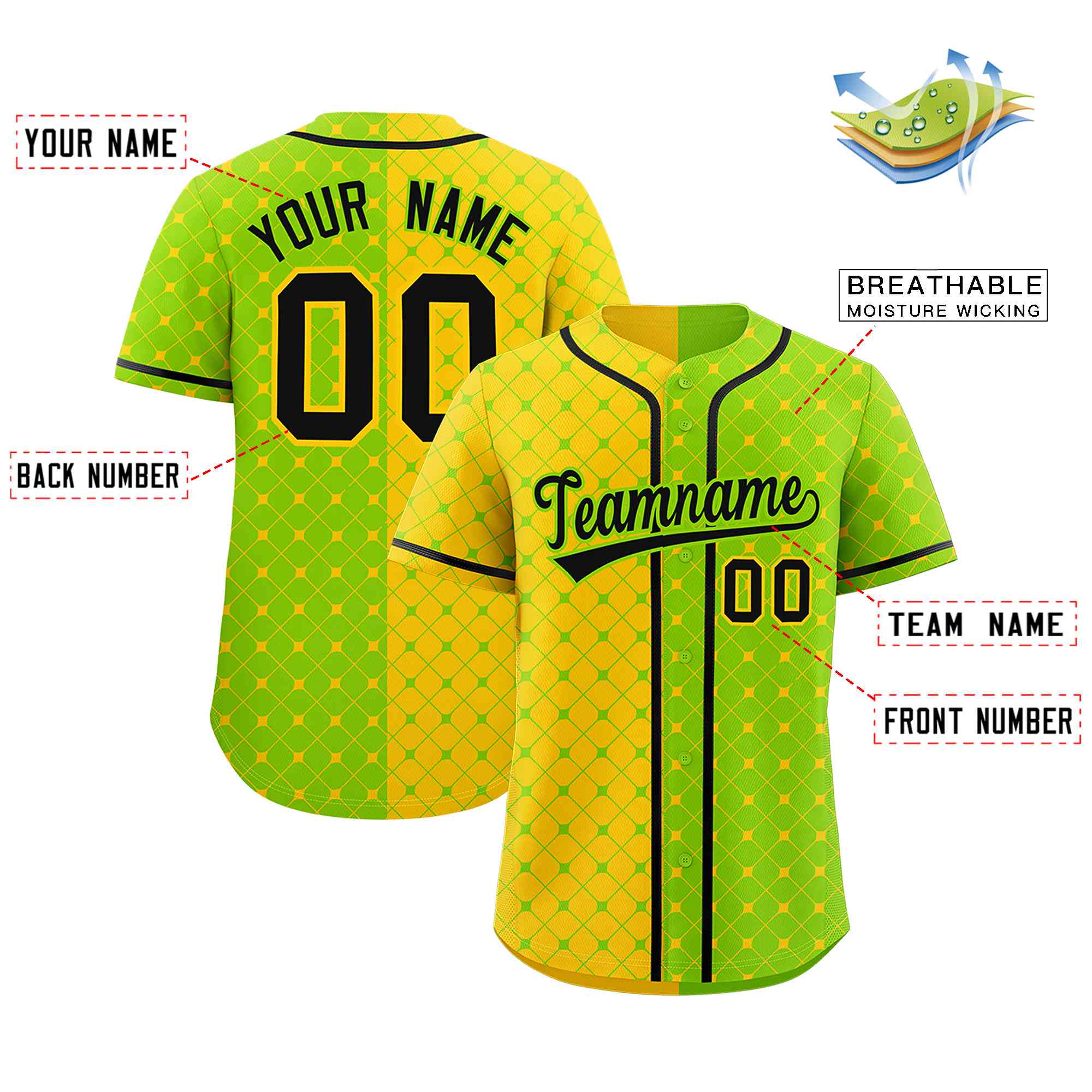 Custom Gold Neon Green Split Fashion Plaid Design Authentic Baseball Jersey