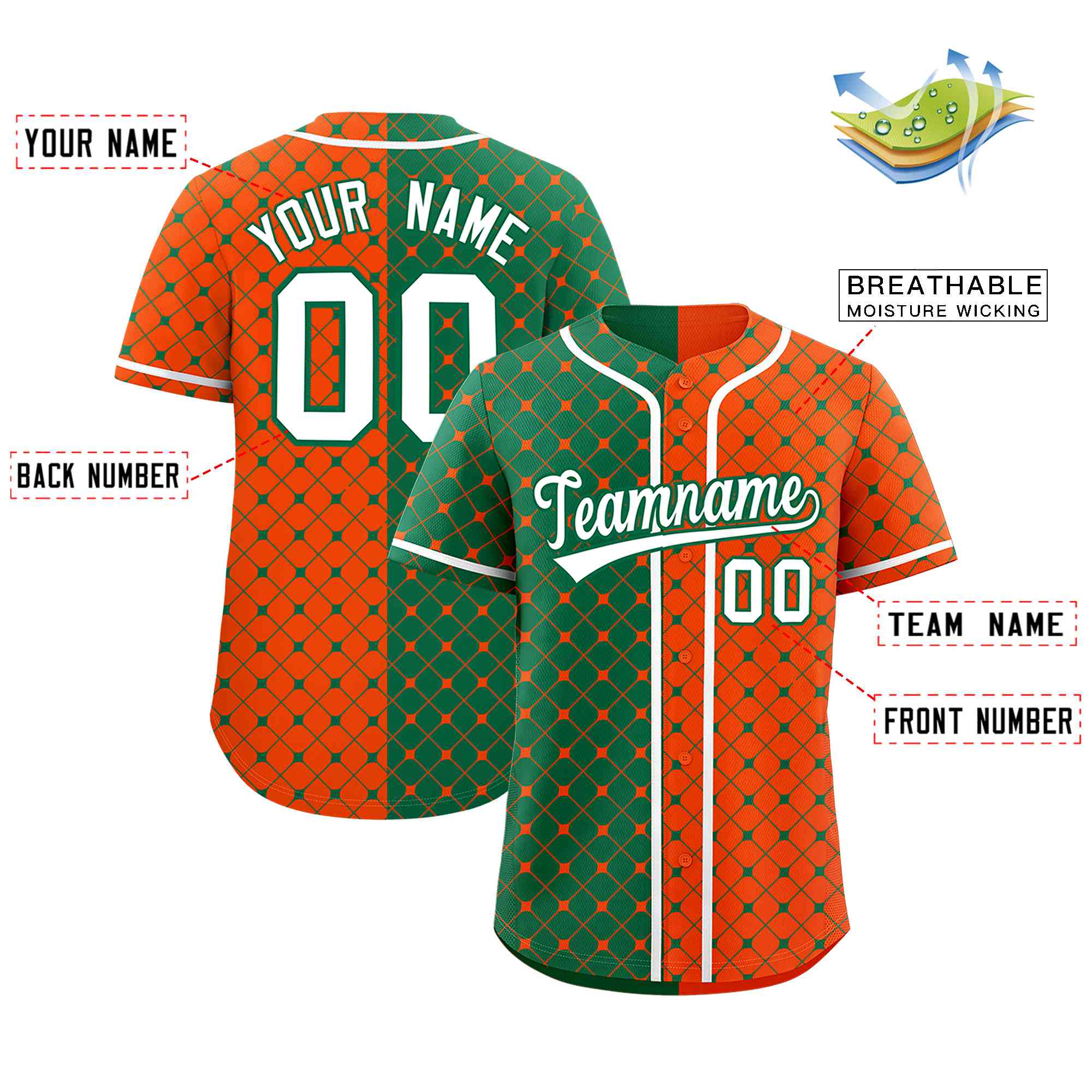 Custom Kelly Green Orange Split Fashion Plaid Design Authentic Baseball Jersey