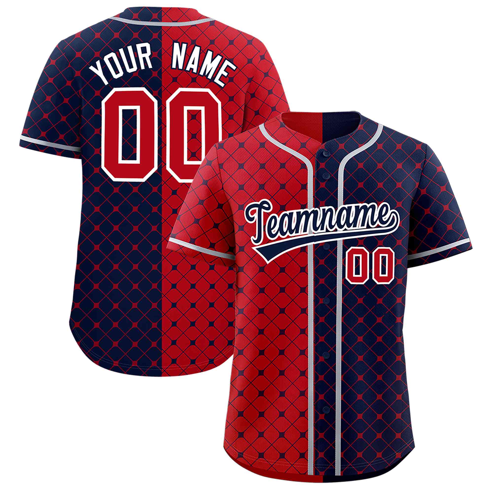 Custom Red Navy Split Fashion Plaid Design Authentic Baseball Jersey