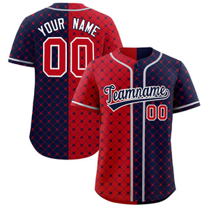 Custom Red Navy Split Fashion Plaid Design Authentic Baseball Jersey