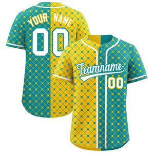 Custom Gold Aqua Split Fashion Plaid Design Authentic Baseball Jersey