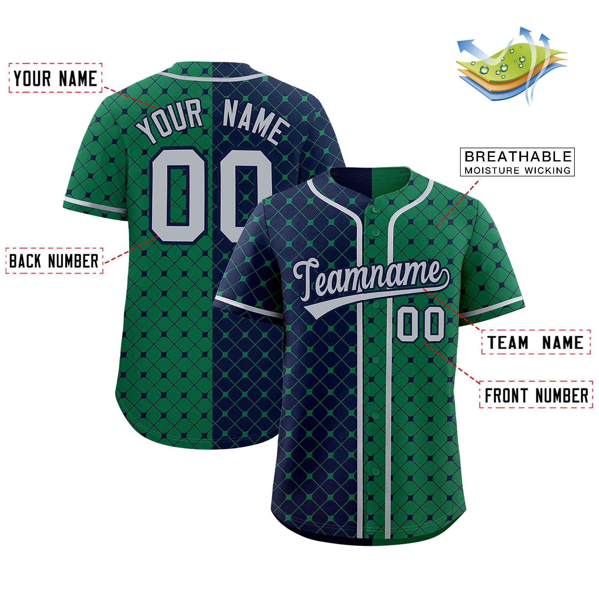 Custom Navy Kelly Green Split Fashion Plaid Design Authentic Baseball Jersey