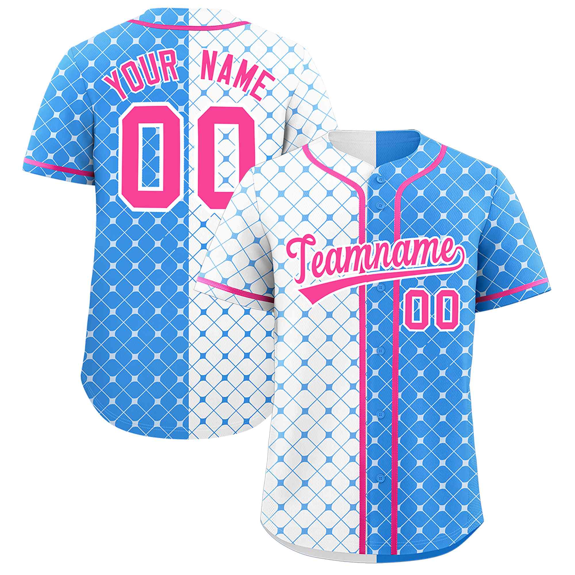 Custom White Powder Blue Split Fashion Plaid Design Authentic Baseball Jersey