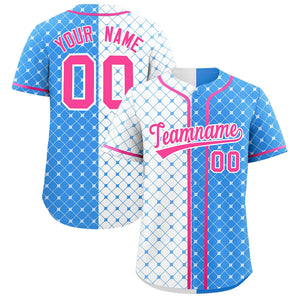 Custom White Powder Blue Split Fashion Plaid Design Authentic Baseball Jersey