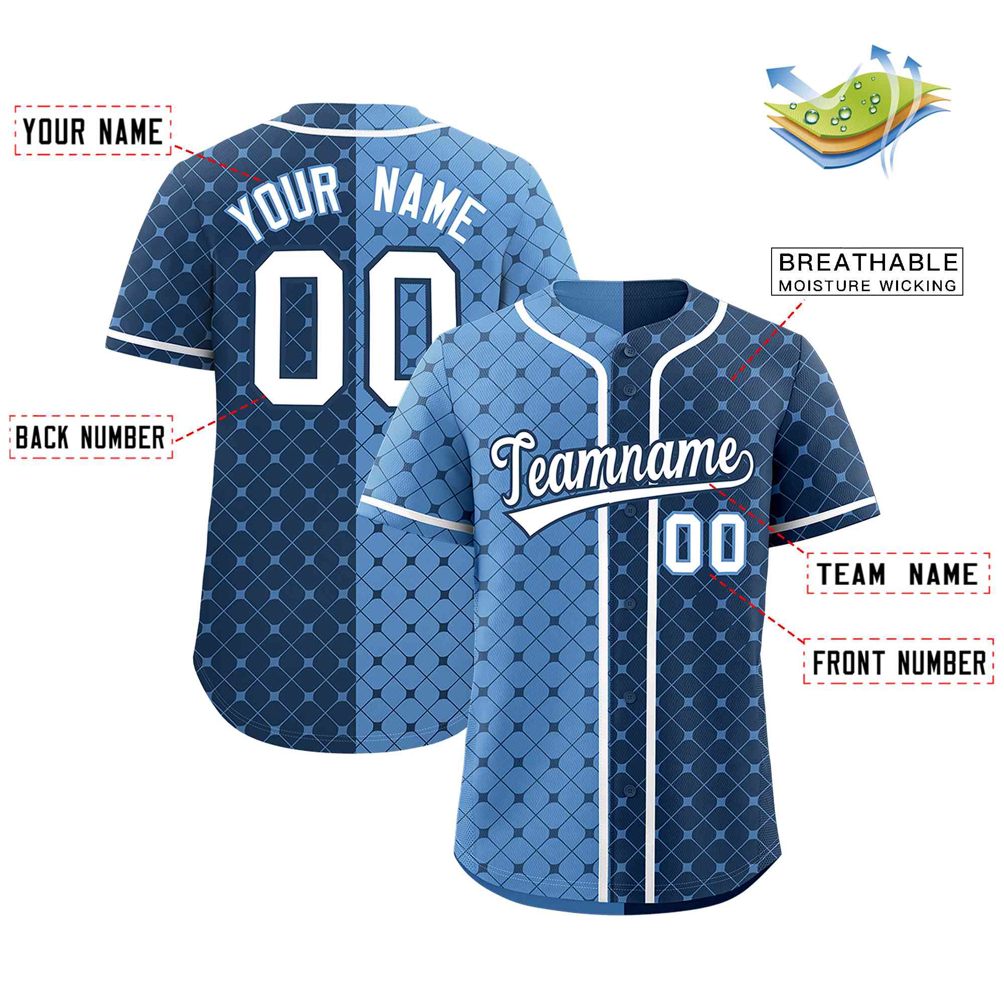 Custom Light Blue Midnight Blue Split Fashion Plaid Design Authentic Baseball Jersey