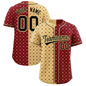 Custom Khaki Crimson Split Fashion Plaid Design Authentic Baseball Jersey