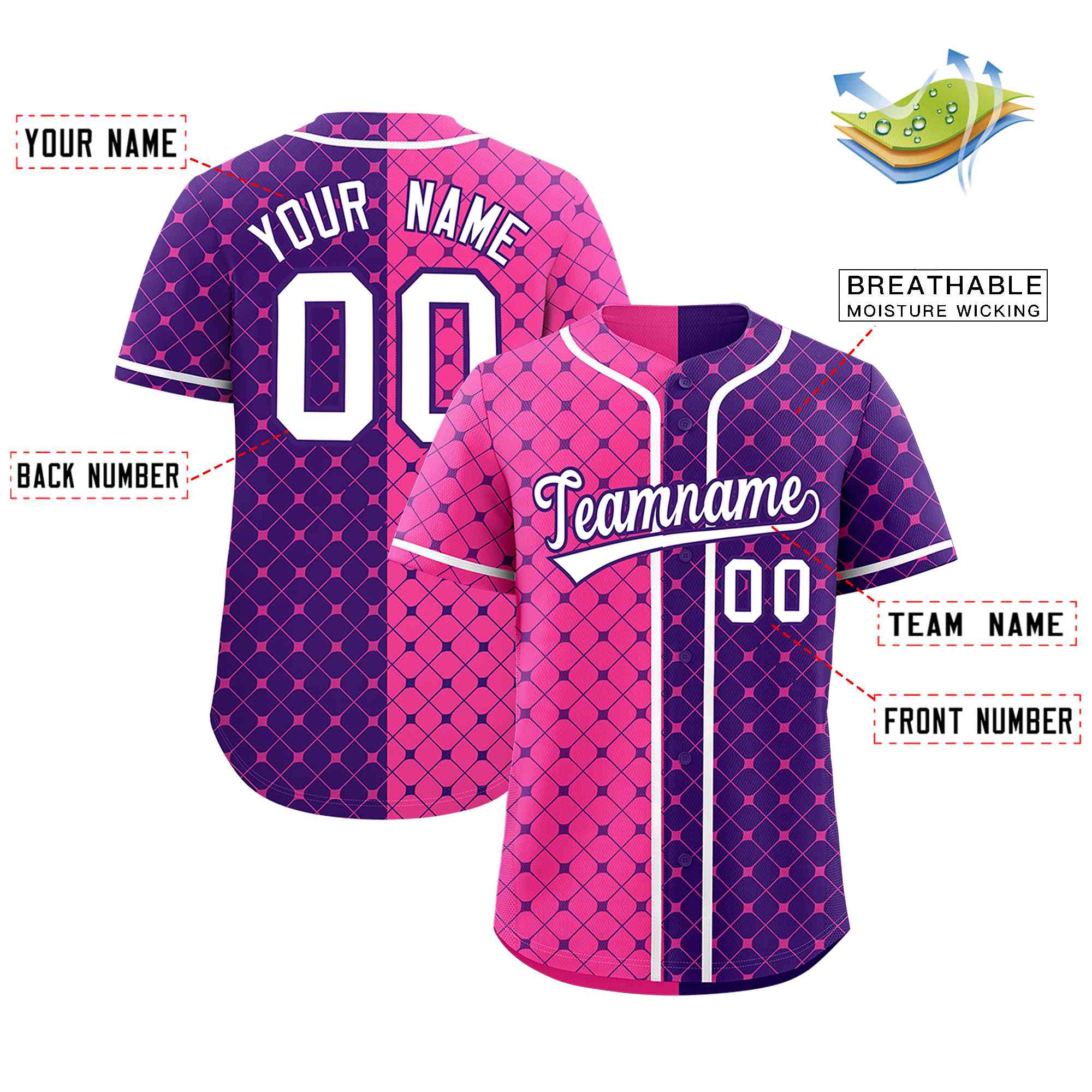 Custom Pink Purple Split Fashion Plaid Design Authentic Baseball Jersey