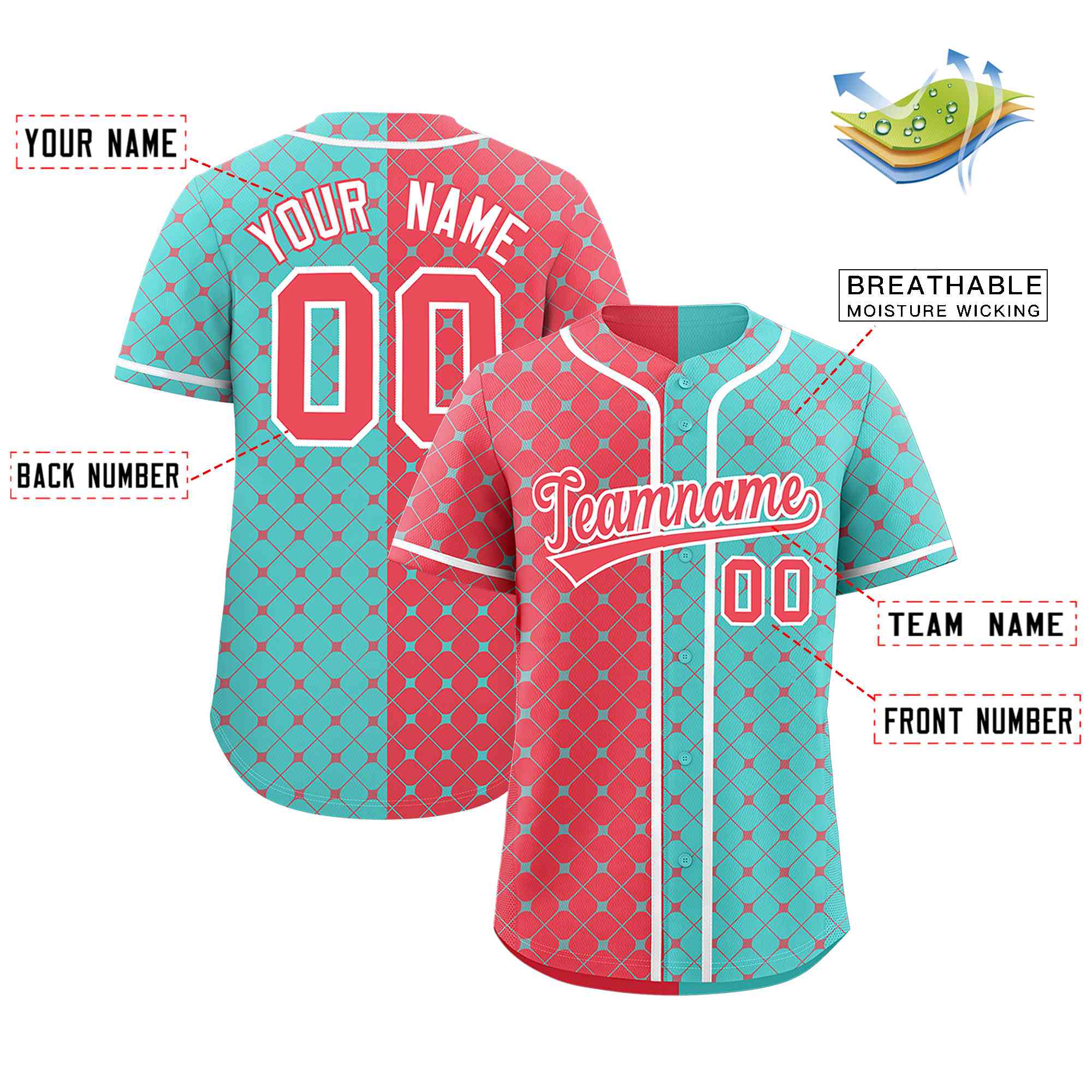 Custom Light Red Bright Green Split Fashion Plaid Design Authentic Baseball Jersey