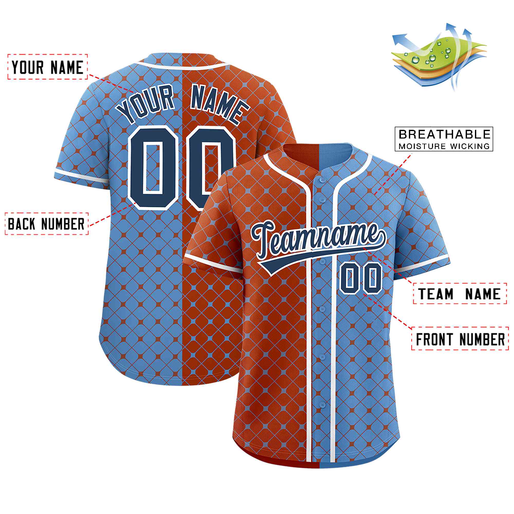 Custom Texas Orange Light Blue Split Fashion Plaid Design Authentic Baseball Jersey