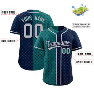 Custom Aqua Navy Split Fashion Plaid Design Authentic Baseball Jersey