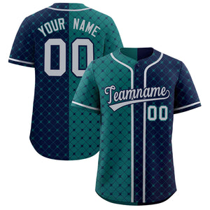 Custom Aqua Navy Split Fashion Plaid Design Authentic Baseball Jersey