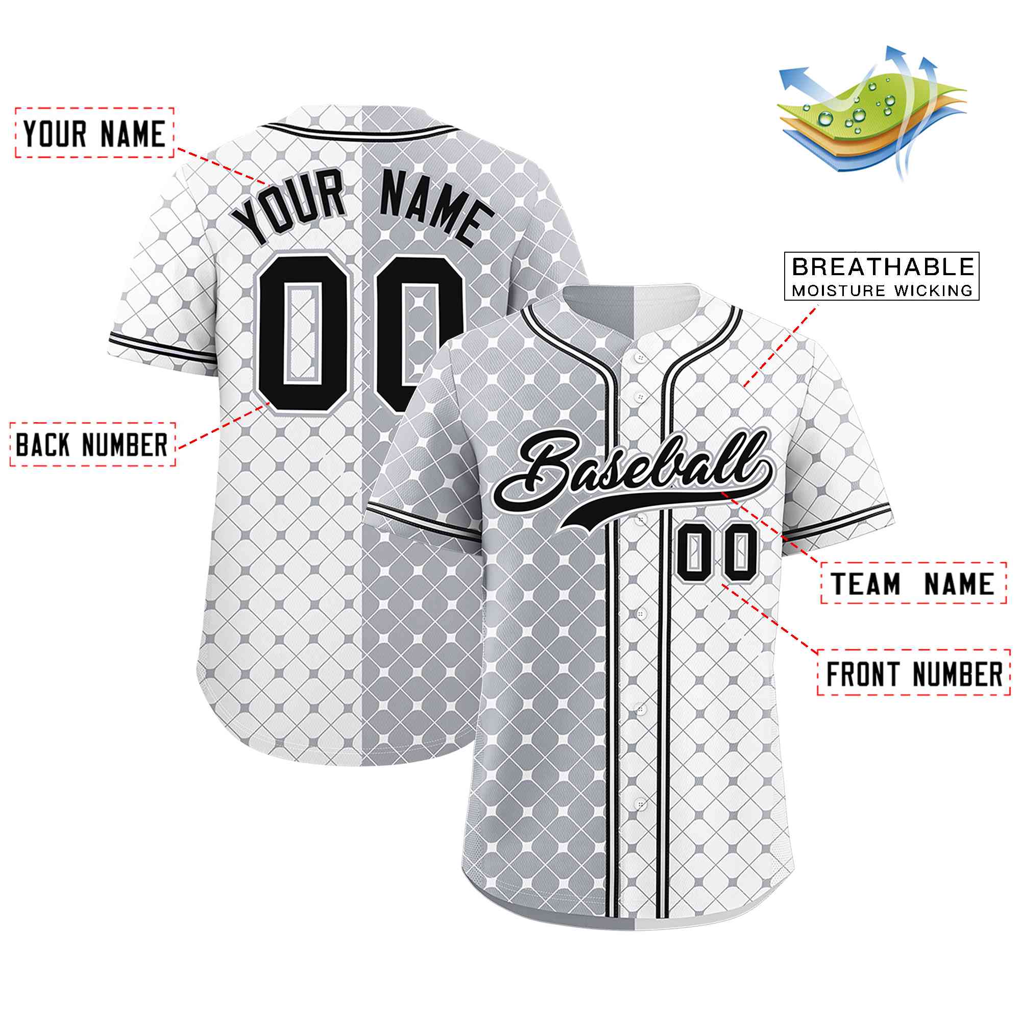 Custom Gray White Split Fashion Plaid Design Authentic Baseball Jersey