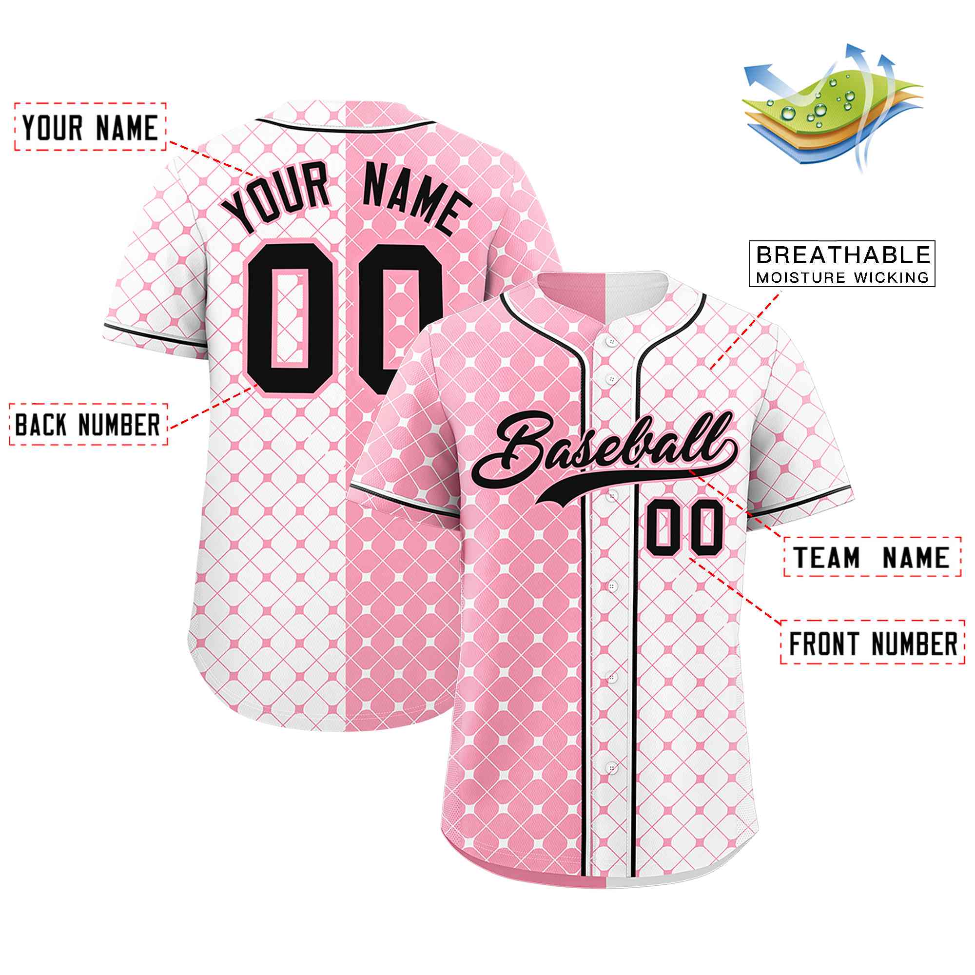 Custom Light Pink White Split Fashion Plaid Design Authentic Baseball Jersey