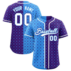 Custom Powder Blue Purple Split Fashion Plaid Design Authentic Baseball Jersey