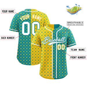 Custom Gold Aqua Split Fashion Plaid Design Authentic Baseball Jersey