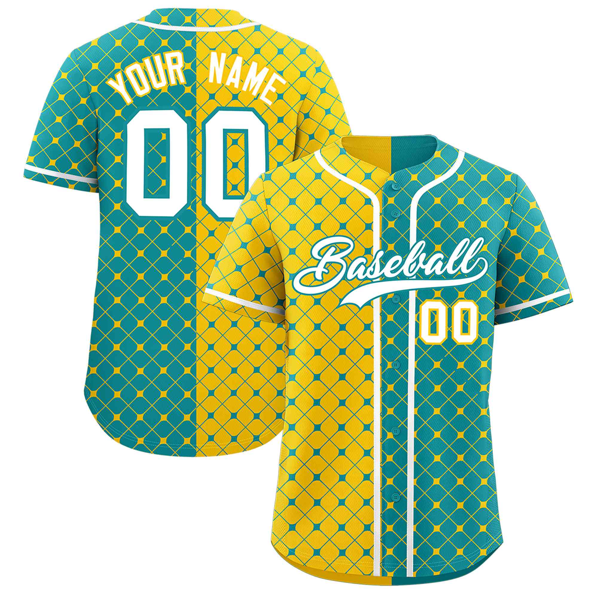 Custom Gold Aqua Split Fashion Plaid Design Authentic Baseball Jersey