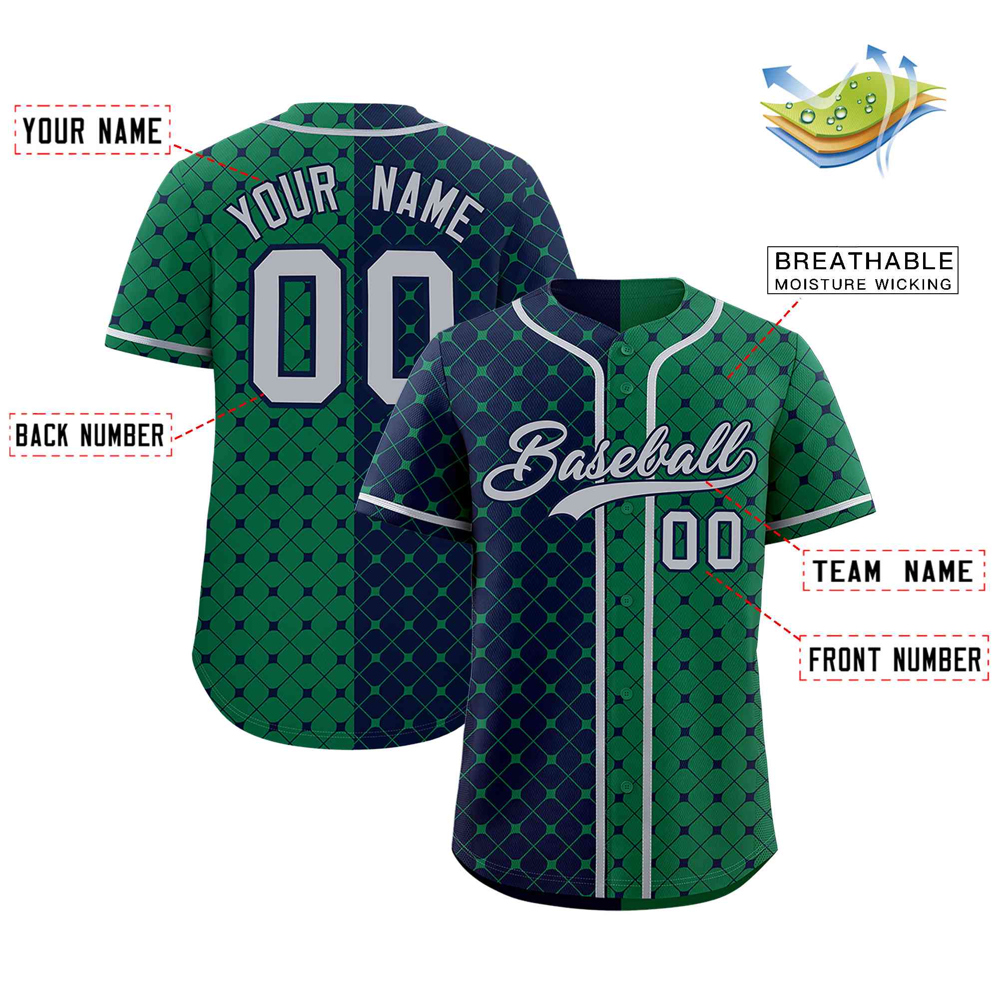 Custom Navy Kelly Green Split Fashion Plaid Design Authentic Baseball Jersey