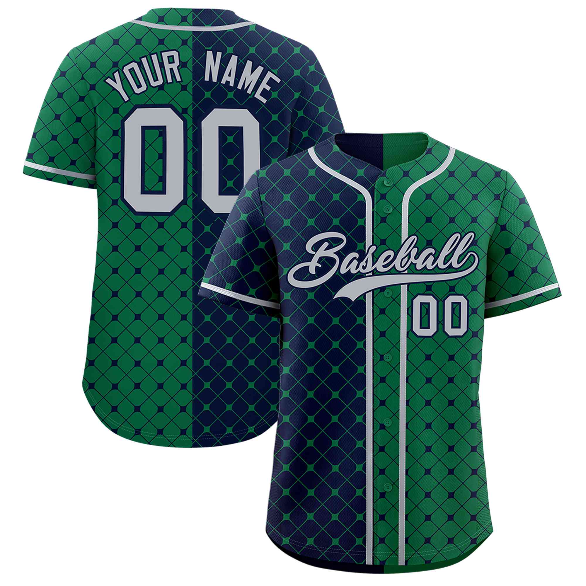 Custom Navy Kelly Green Split Fashion Plaid Design Authentic Baseball Jersey