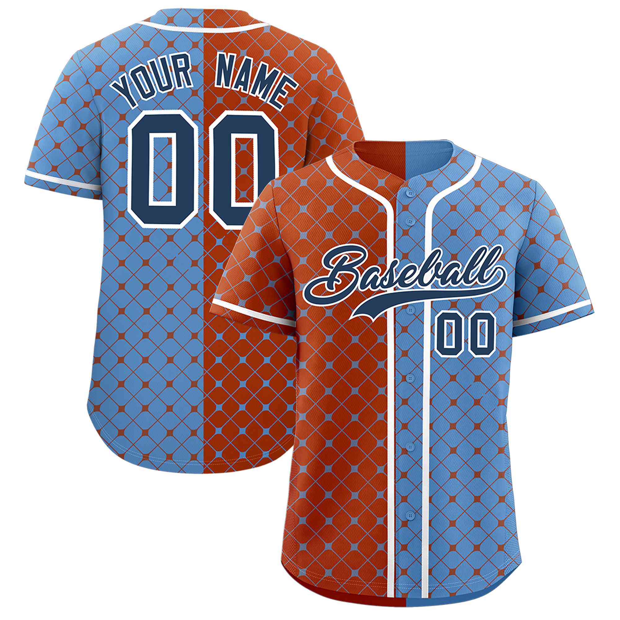 Custom Texas Orange Light Blue Split Fashion Plaid Design Authentic Baseball Jersey