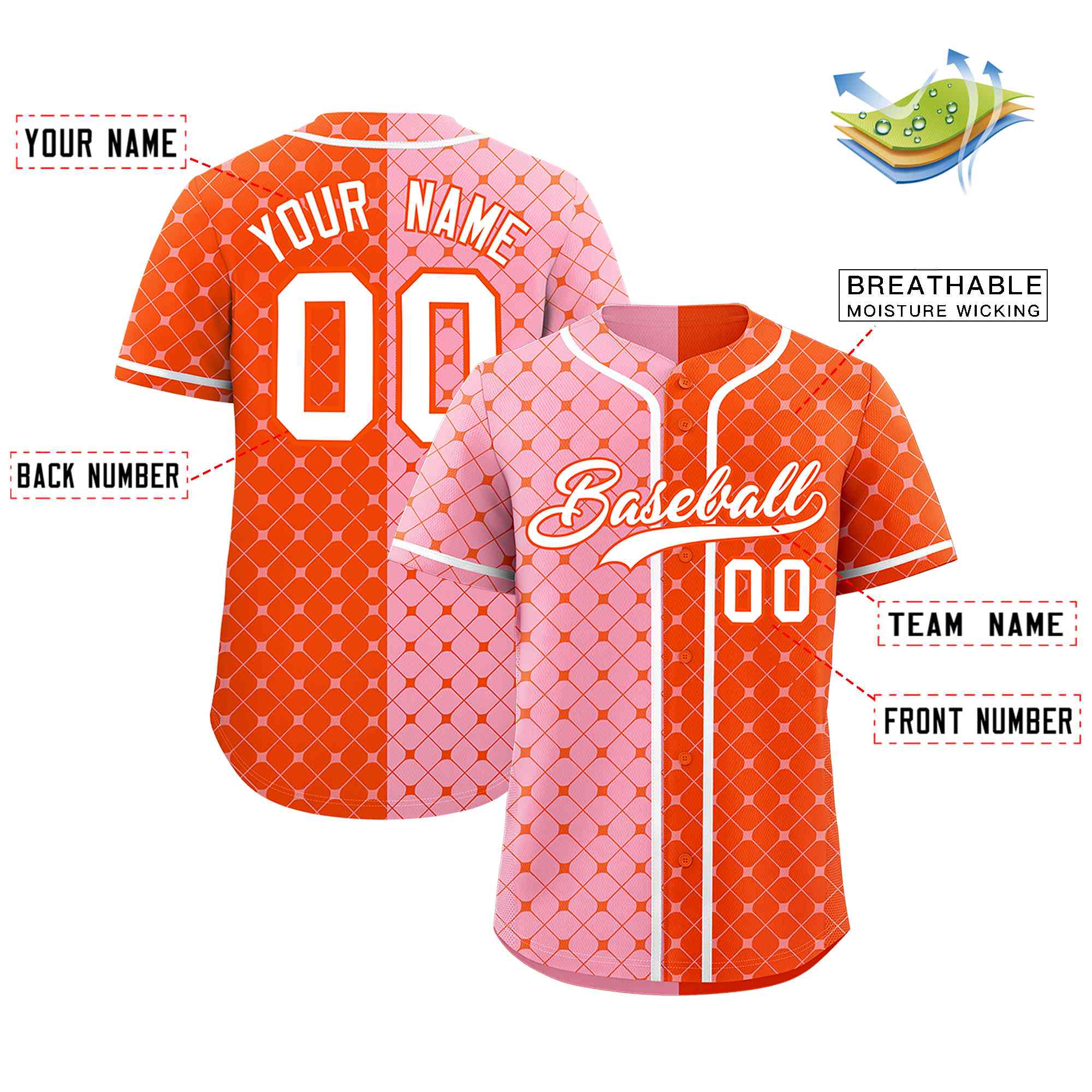 Custom Light Pink Orange Split Fashion Plaid Design Authentic Baseball Jersey