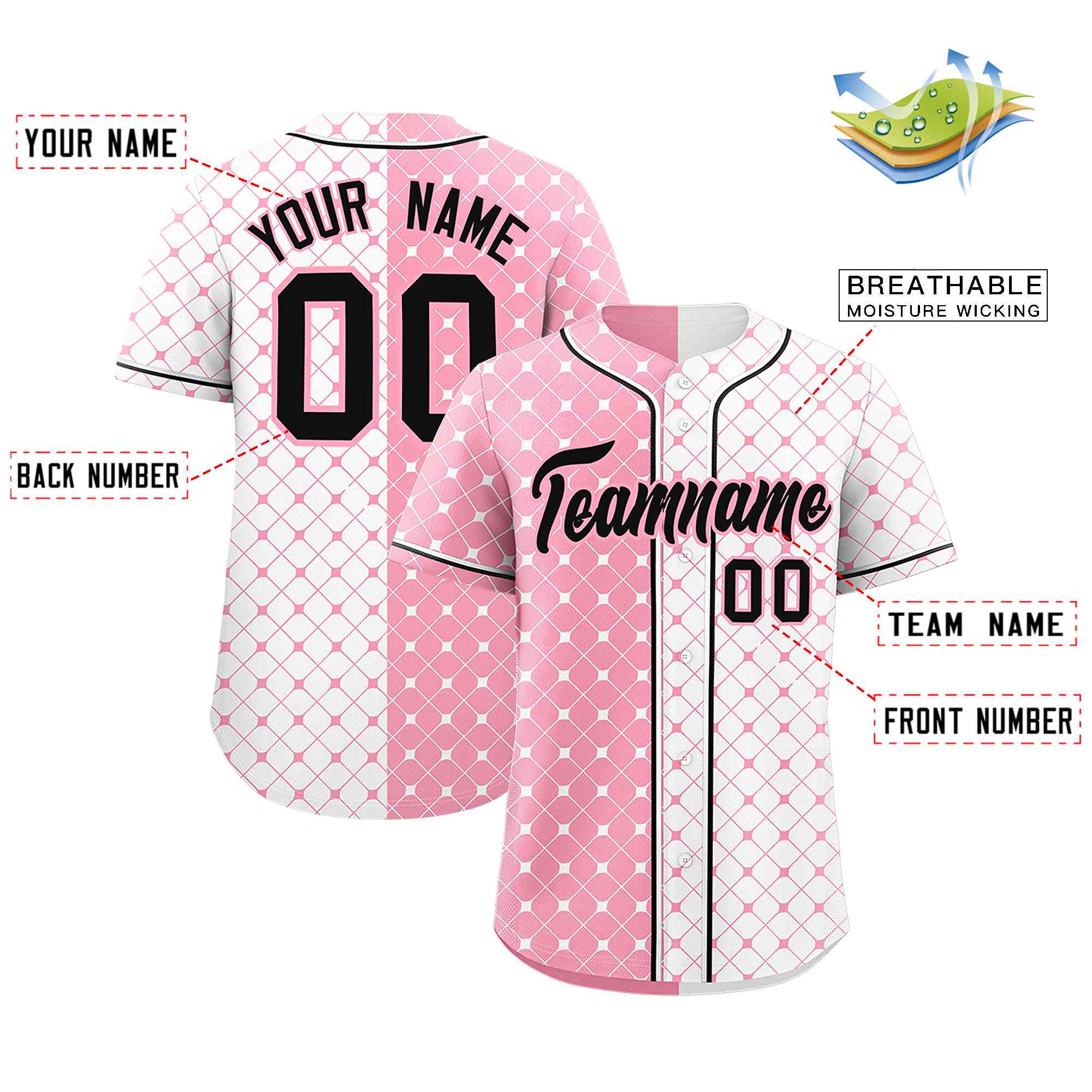 Custom Light Pink White Split Fashion Plaid Design Authentic Baseball Jersey