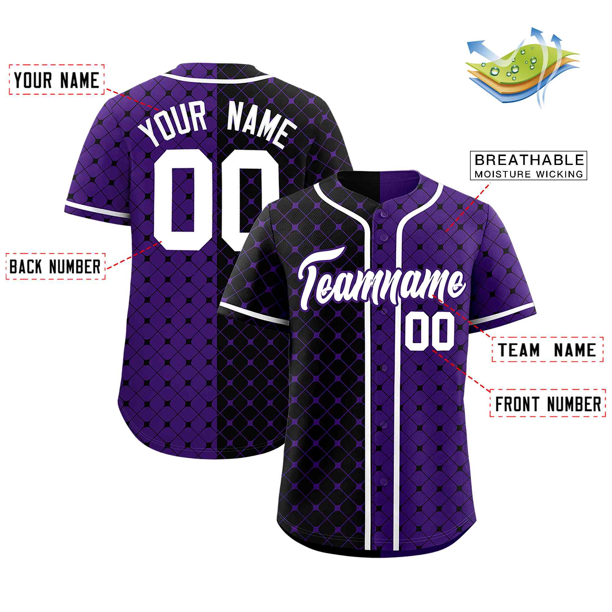 Custom Black Purple Split Fashion Plaid Design Authentic Baseball Jersey