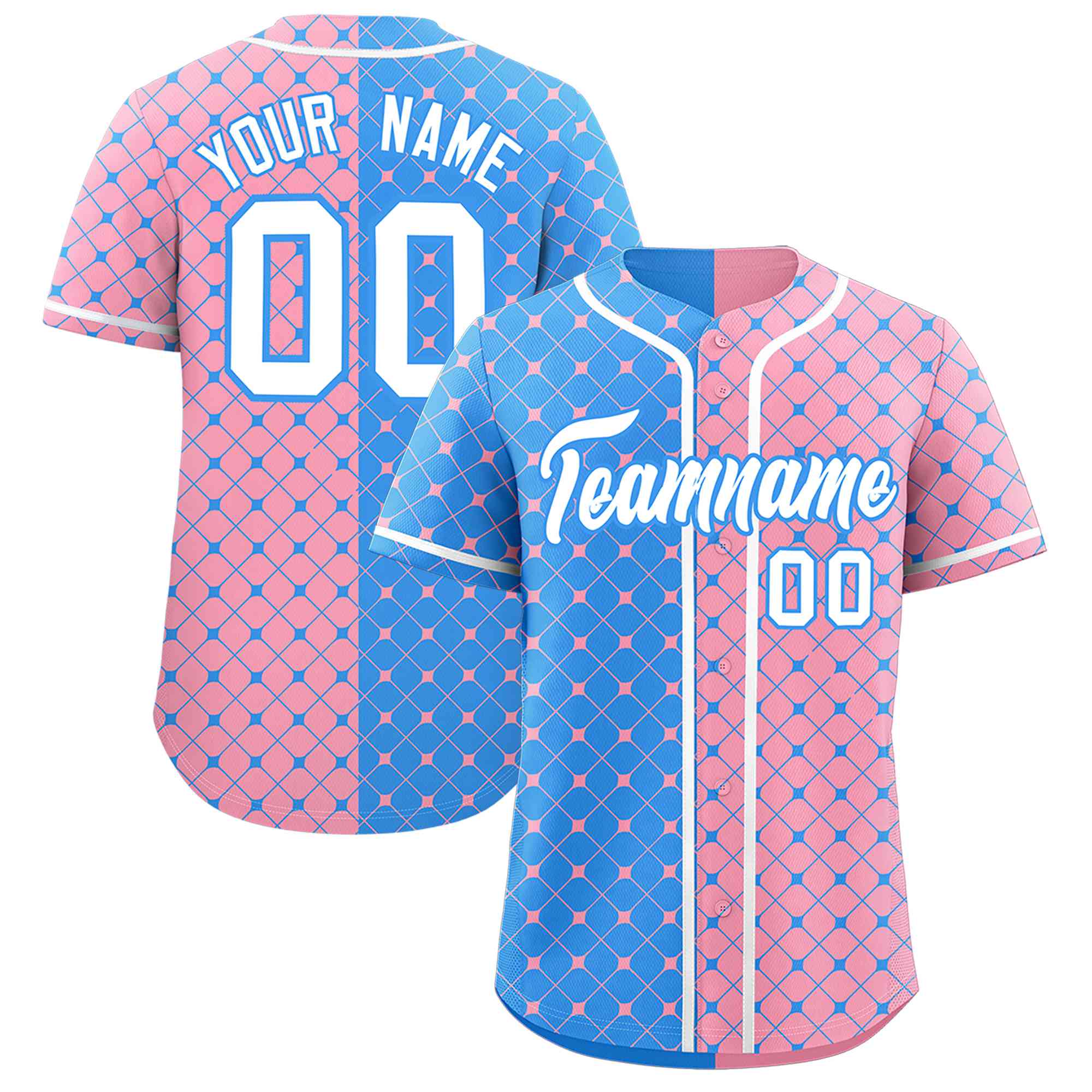 Custom Powder Blue Light Pink Split Fashion Plaid Design Authentic Baseball Jersey