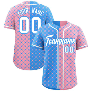 Custom Powder Blue Light Pink Split Fashion Plaid Design Authentic Baseball Jersey