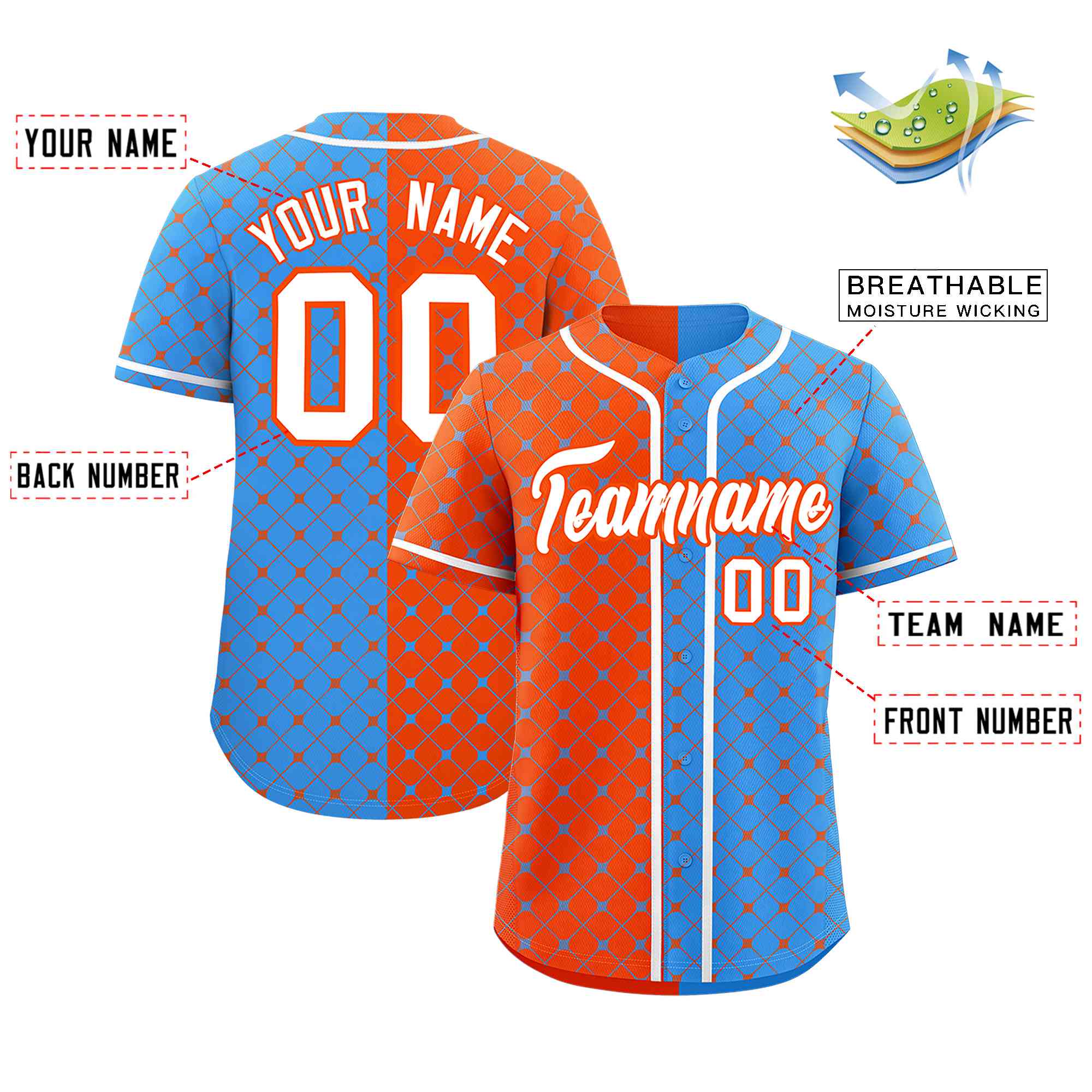 Custom Orange Powder Blue Split Fashion Plaid Design Authentic Baseball Jersey