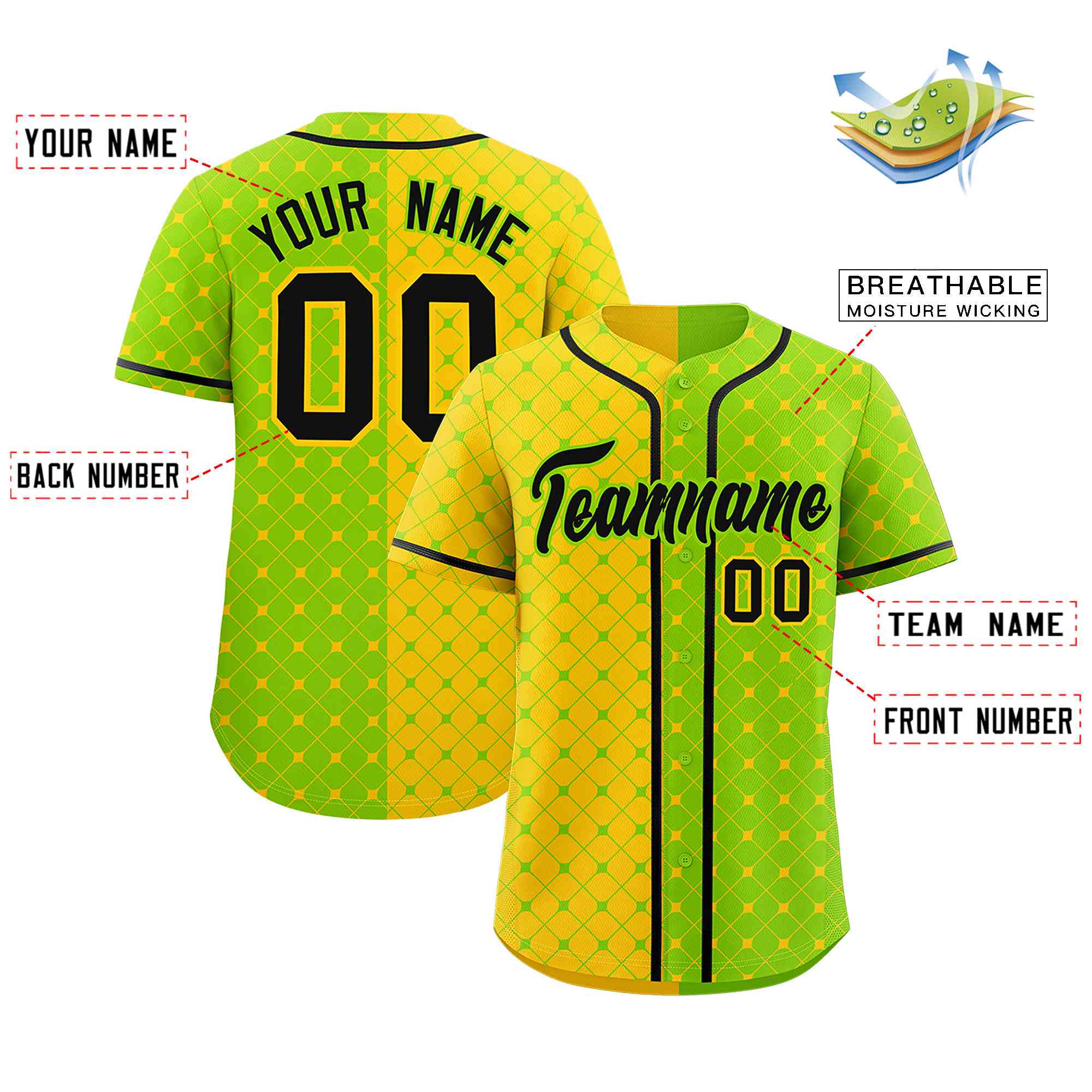 Custom Gold Neon Green Split Fashion Plaid Design Authentic Baseball Jersey