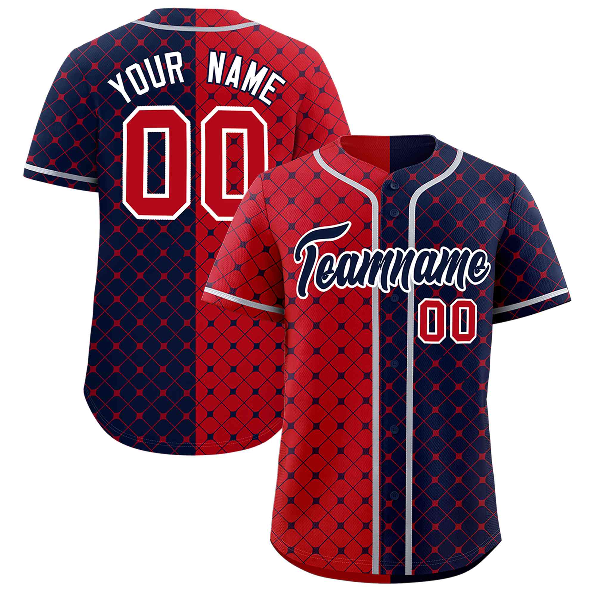 Custom Red Navy Split Fashion Plaid Design Authentic Baseball Jersey