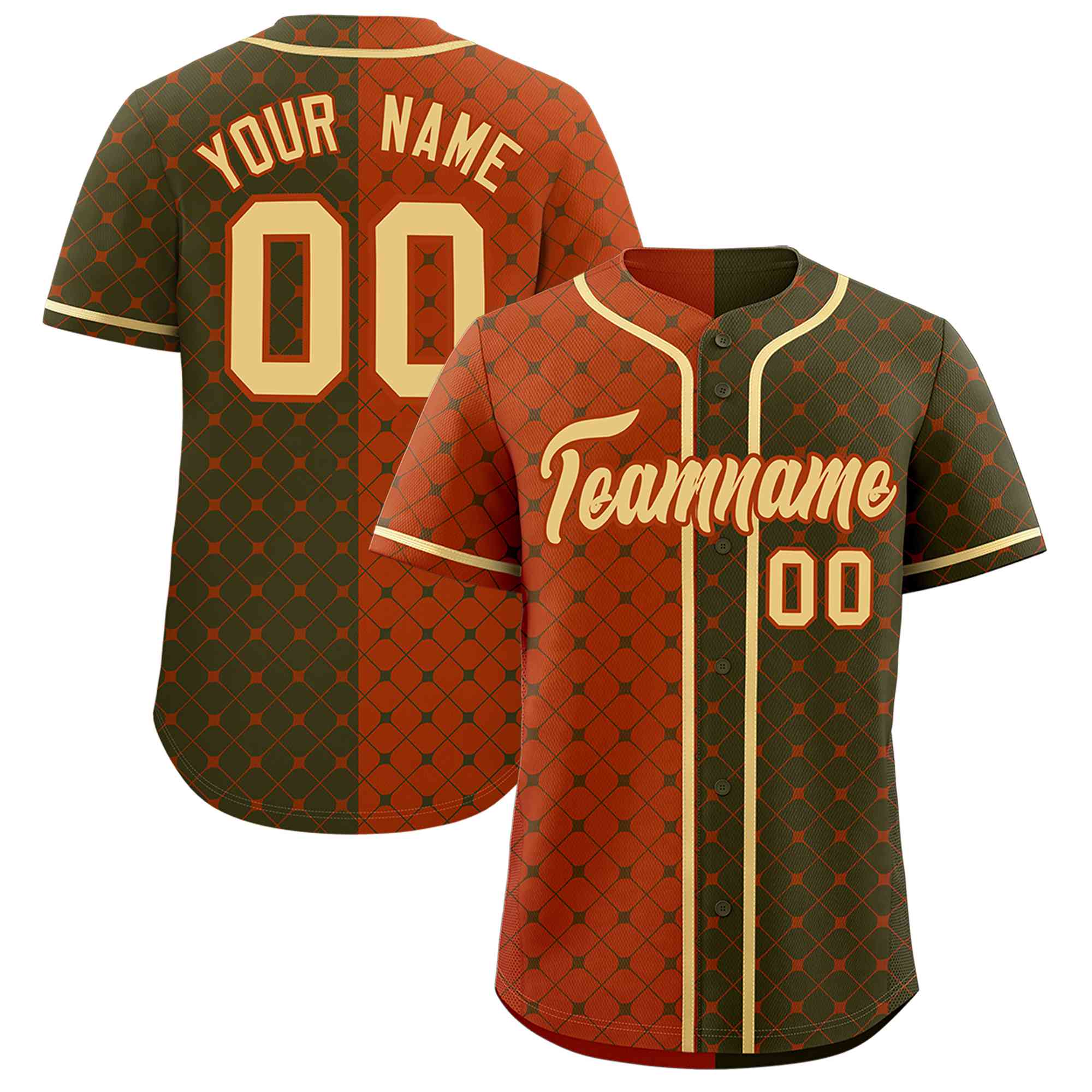 Custom Texas Orange Olive Split Fashion Plaid Design Authentic Baseball Jersey