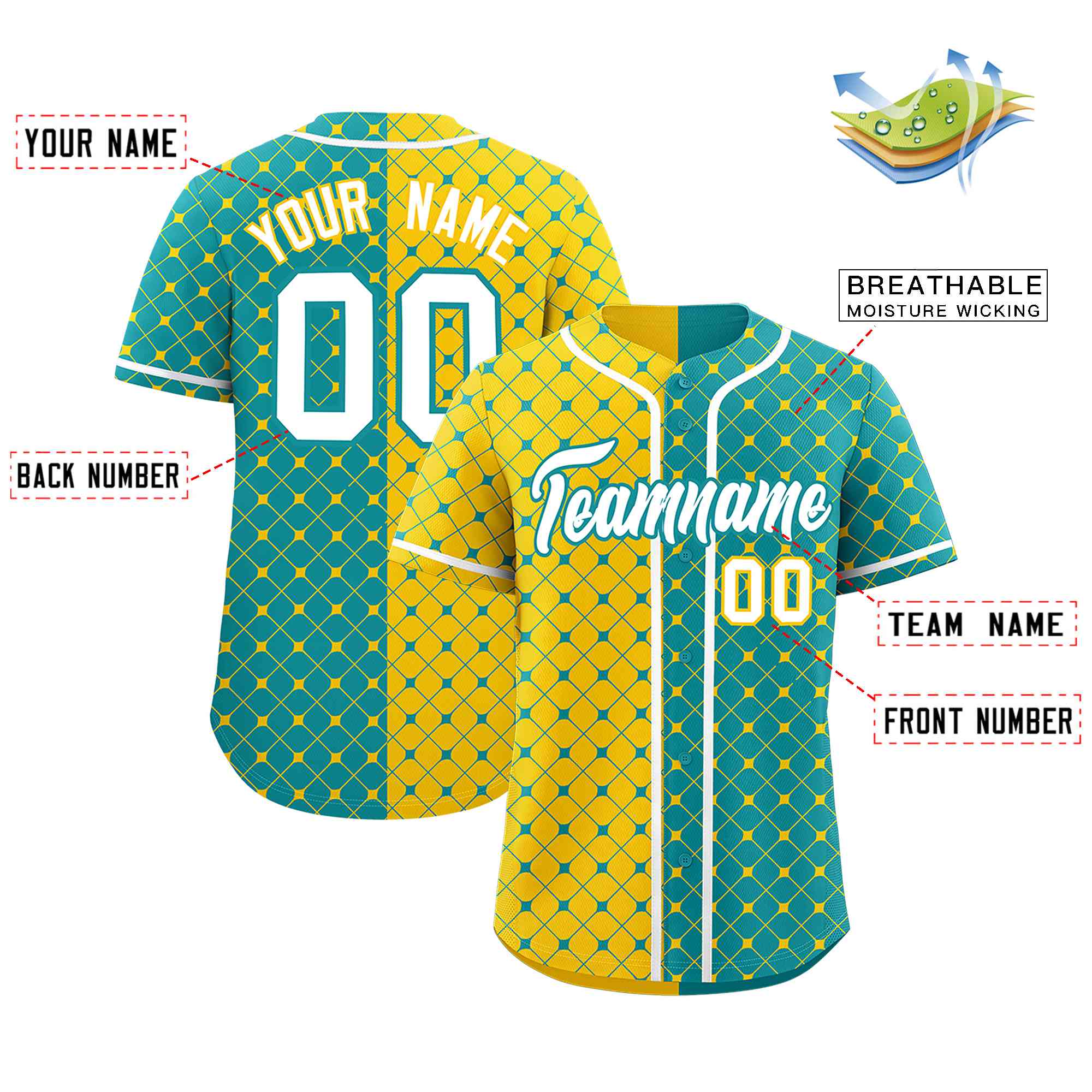 Custom Gold Aqua Split Fashion Plaid Design Authentic Baseball Jersey