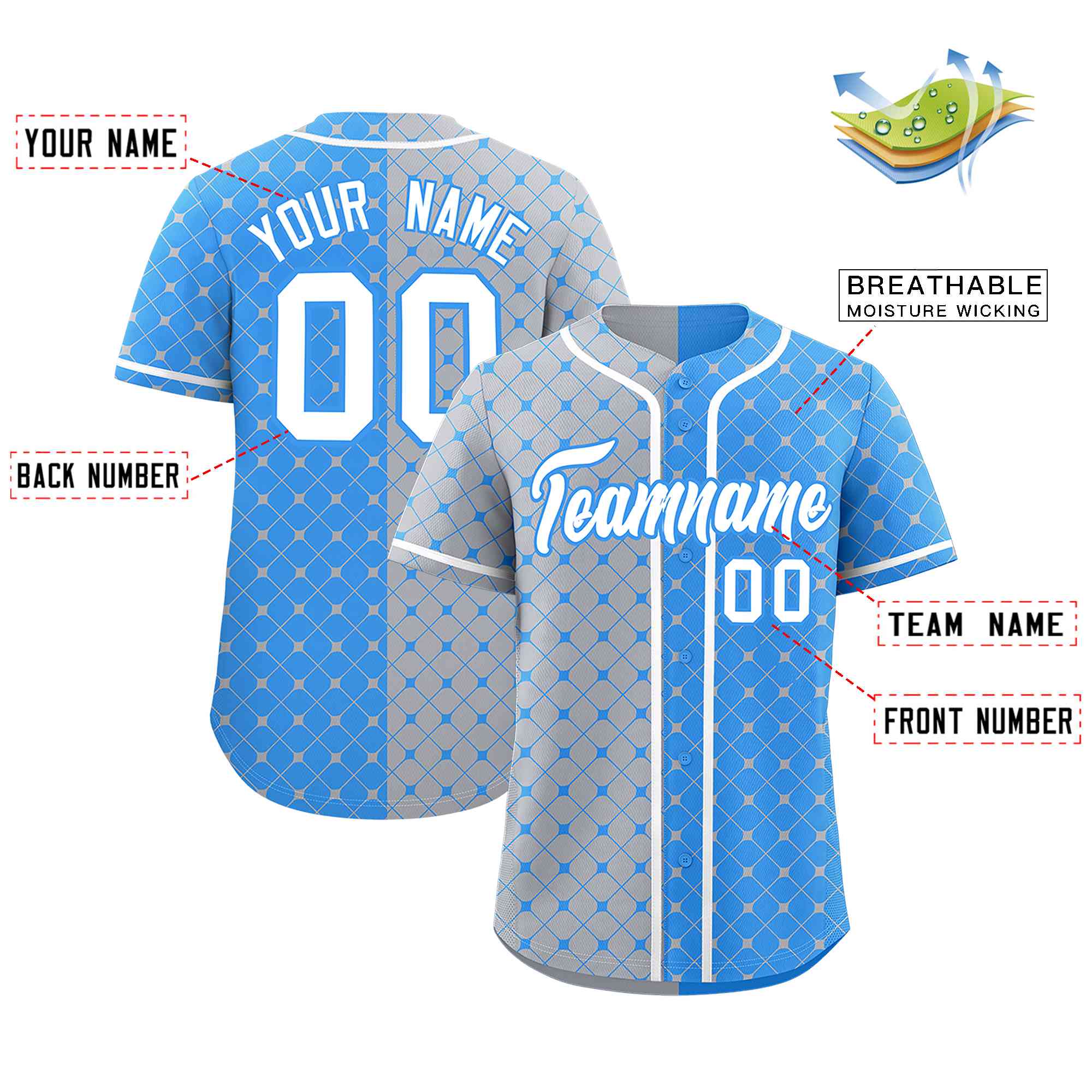 Custom Gray Powder Blue Split Fashion Plaid Design Authentic Baseball Jersey