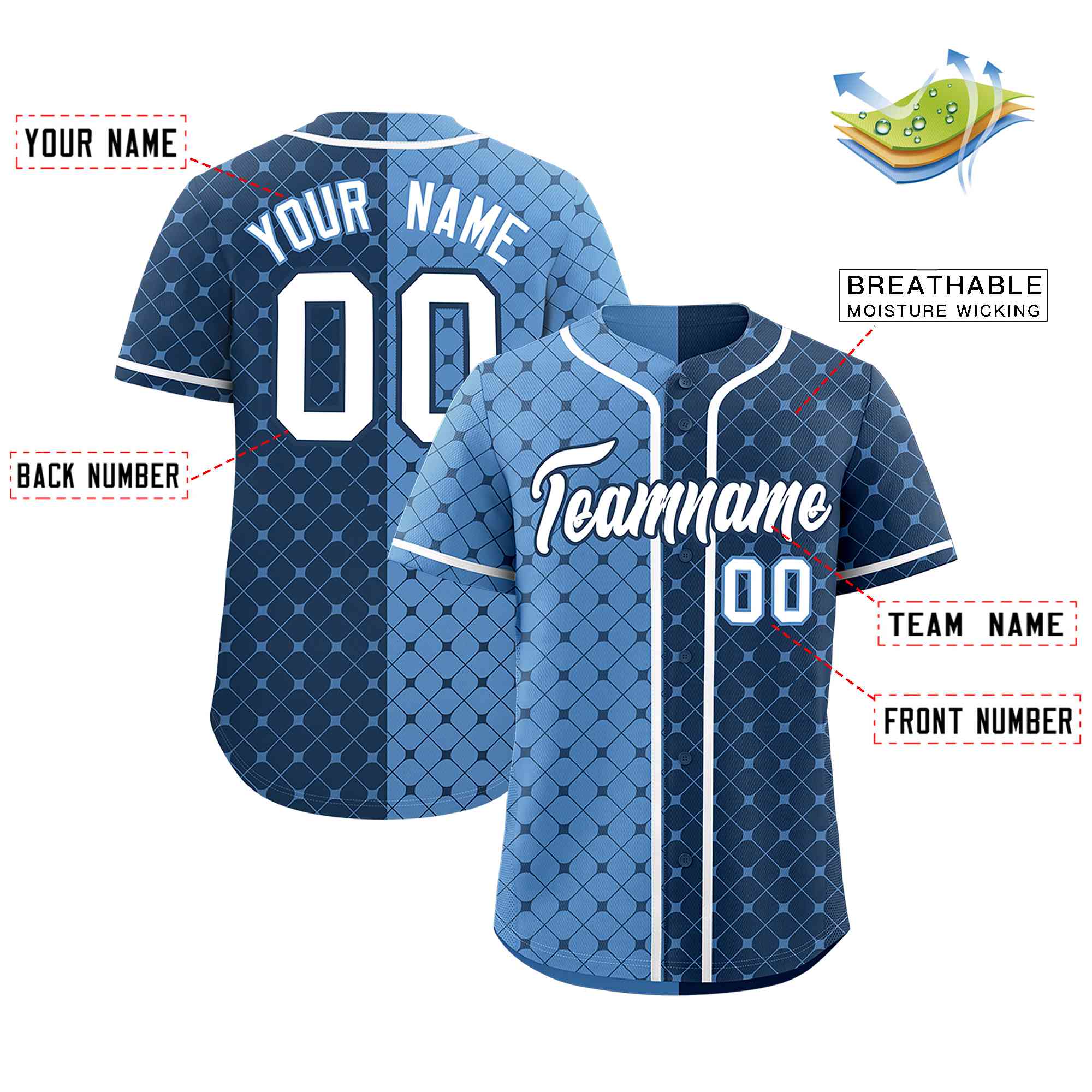 Custom Light Blue Midnight Blue Split Fashion Plaid Design Authentic Baseball Jersey