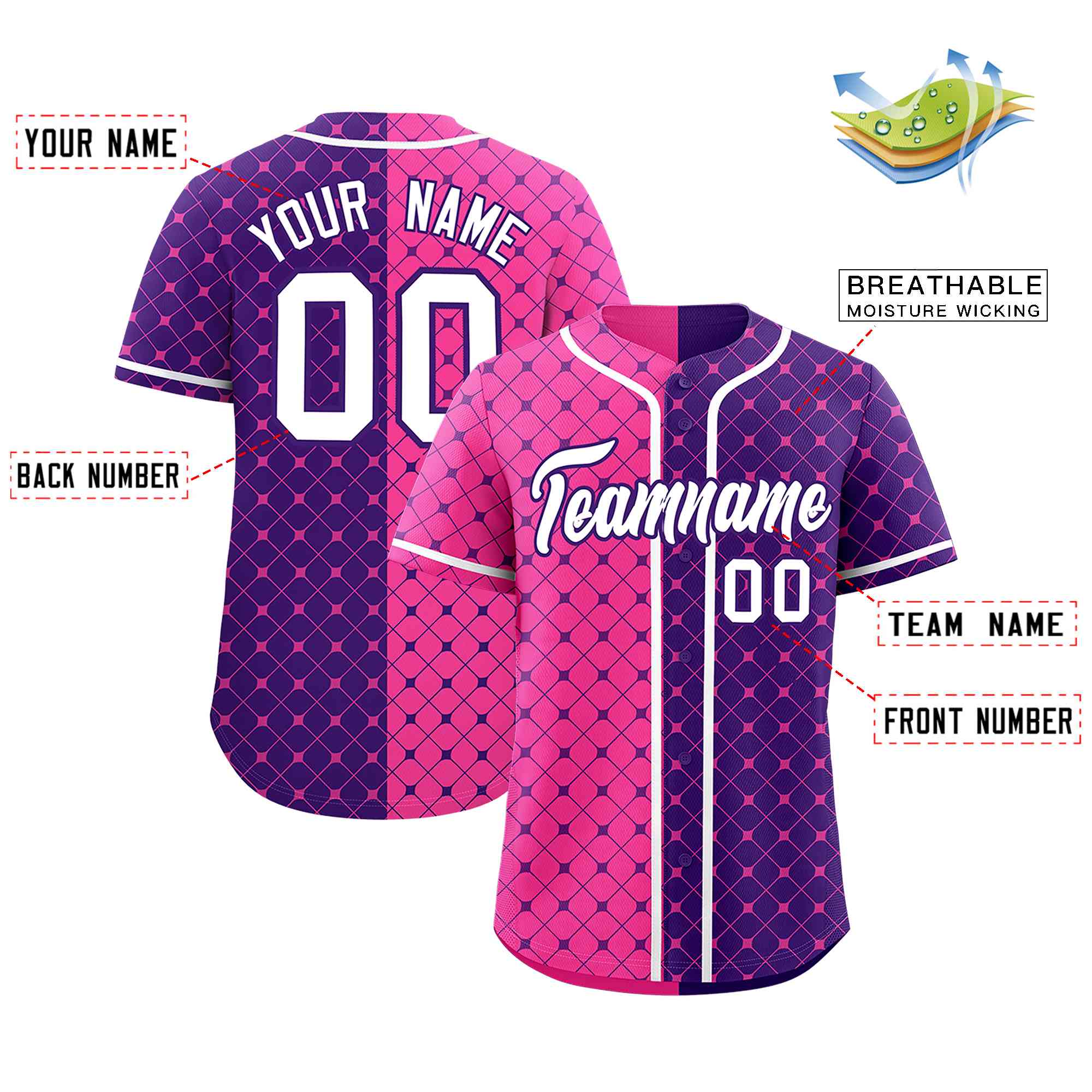 Custom Pink Purple Split Fashion Plaid Design Authentic Baseball Jersey